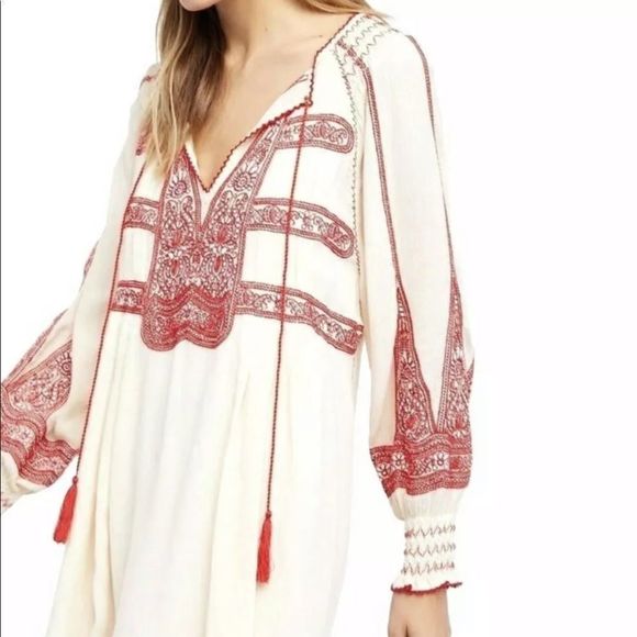 Free People Dress creamred Embroidery Oversized xs - Picture 3 of 6